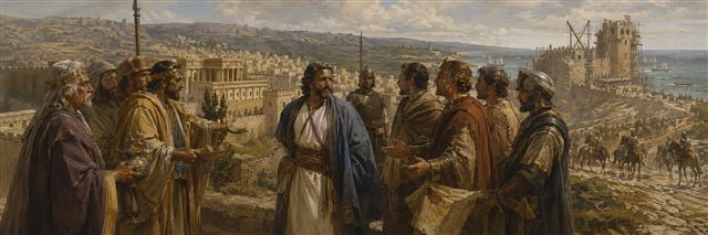 Simon listens to rival royal envoys in fortified Jerusalem while an army gathers near the coast